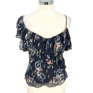 Rebecca Taylor Silk Floral Metallic Double Ruffle One-Shoulder Blue Top Size 6
